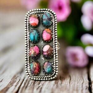 Handmade Pink Dahlia  Long Native American Style Ring Sterling Silver Size 8